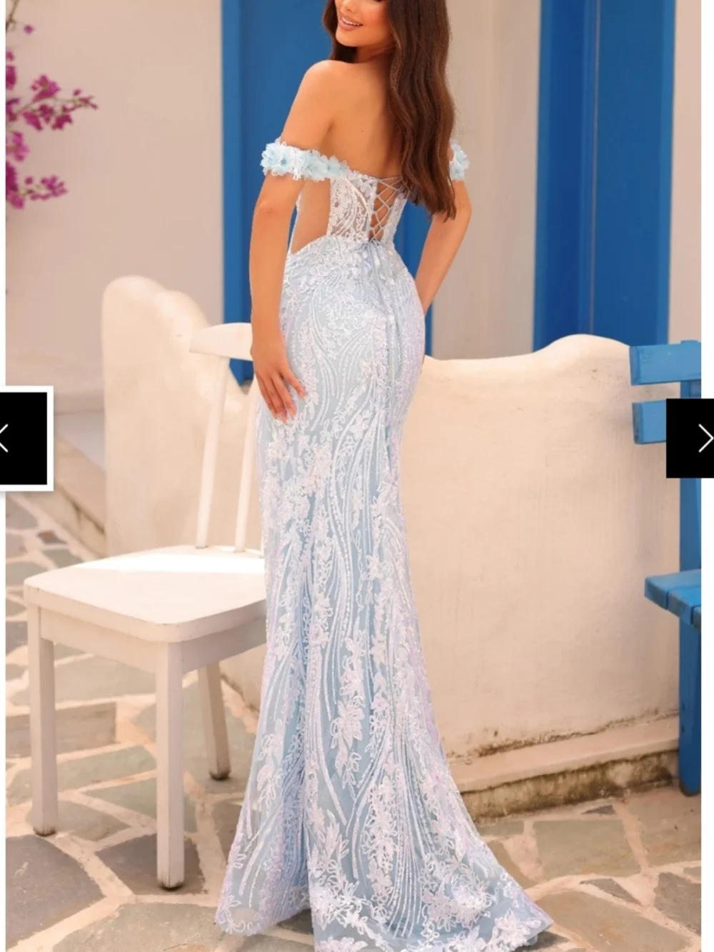 Silver Sequin Off-Shoulder Evening Gown with High Slit